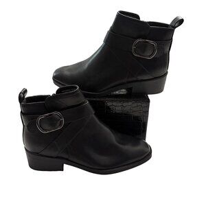 Womens Black Faux Leather Ankle Boots W/ Buckle & Zipper Memory Foam Size 7.5